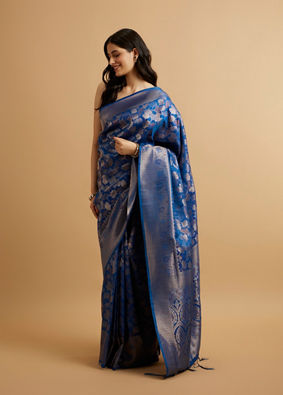 alt message - Mohey Women Indigo Blue Leaf Patterned Saree image number 2